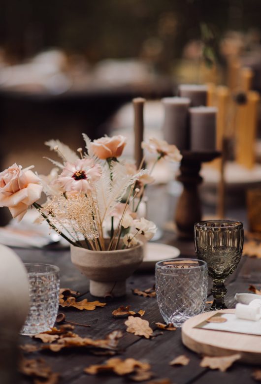 A beautifully designed wedding table in the forest